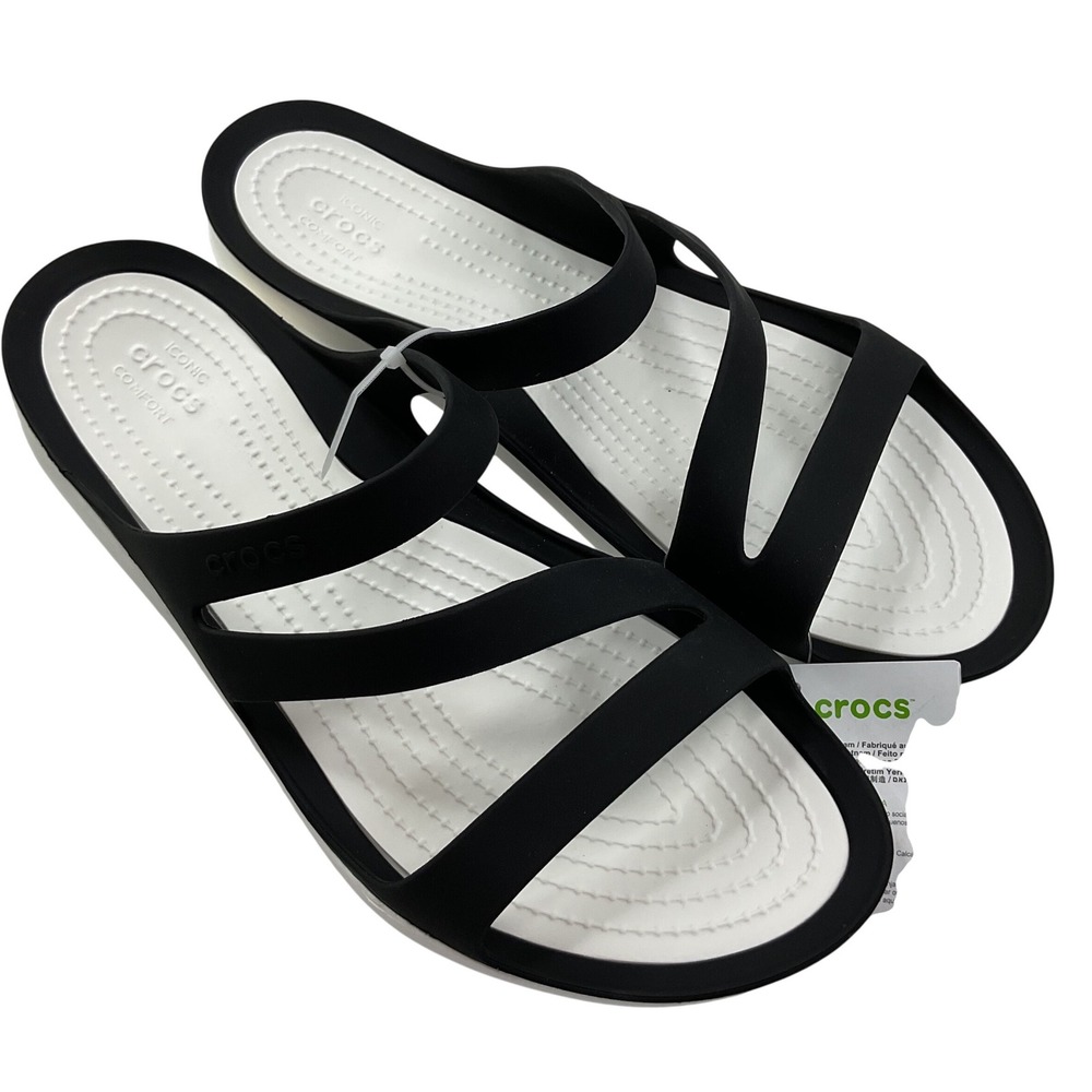 Crocs Swiftwater Sandal W Black White Strappy Water Friendly Slides Womens 10